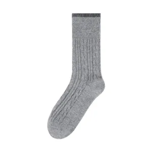Grey wool blend cable knit mid-calf women socks with stylish contrast top hem for winter.