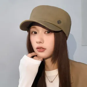 Vintage washed cotton flat top military cap for women, stylish British style cadet newsboy hat.
