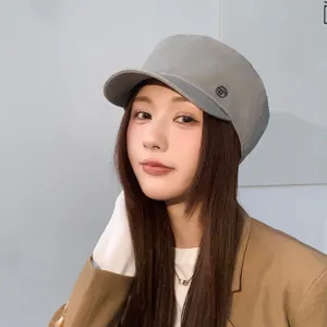 Classic grey newsboy cap for women, retro washed cotton flat cap, stylish fall winter hat.