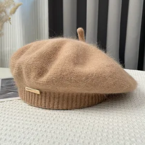 Cozy knit beret in camel color, soft fuzzy texture with cute top stem and metallic side accent.