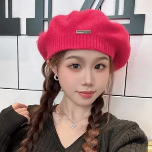 Women's Casual Winter Warm Knitted Beret Hat Solid Color Fashionable Painter Hat Chic Acrylic Daily Cap