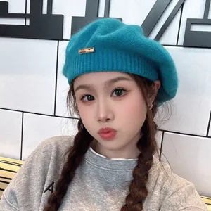 Detailed view of the Japanese winter knit beret, sweet style and soft texture for women.