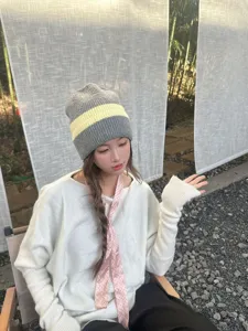 Women's Winter Thickened Warm Knitted Beanie Hat Korean Style Fashion Striped Wool Cap.