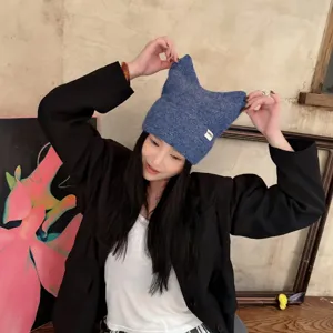 Gorro de punto con orejas de gato estilo perezoso coreano invierno moda lana mujer