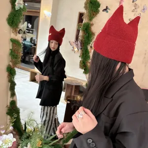 Gorro de punto con orejas de gato rojo invierno cálido moda lana sombrero frío lindo