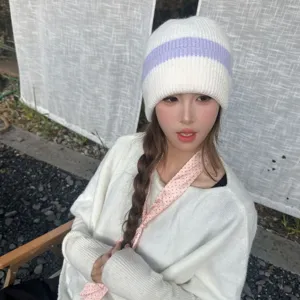 Women winter warm knitted beanie hat white and purple striped stylish thick cap main view