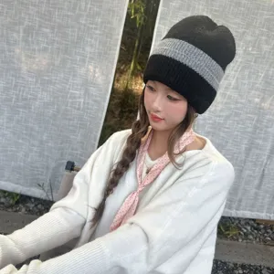Womens winter warm knit beanie hat stylish black grey striped thick slouchy cap for cold weather