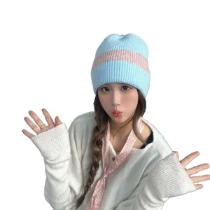Cozy winter knit beanie for women, trendy Korean style thick warm striped hat for cold days.