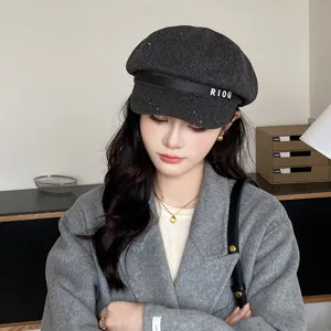 Women Wool Newsboy Hat Octagonal Cap Autumn Winter Vintage Painter Beret Hat Grey