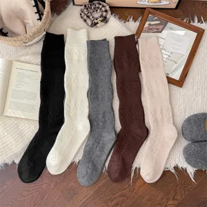 Thickened wool long calf socks with diamond pattern, cozy Korean style winter hosiery.