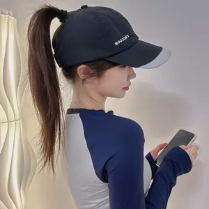 Sun visor ponytail baseball cap detail, quick dry summer UV protection black hat for women.