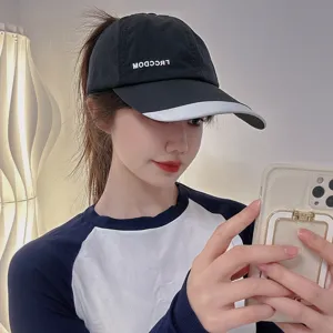 Summer quick-drying ponytail baseball cap detail view, featuring black and white design.