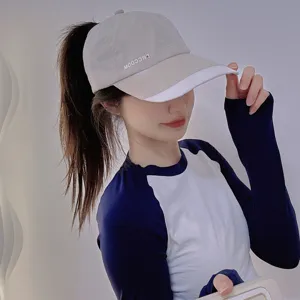 Summer ponytail baseball cap detail view, quick-drying sun protection hat for women.