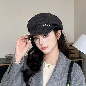 Women woolen newsboy hat grey octagonal painter cap retro casual stylish autumn winter headwear