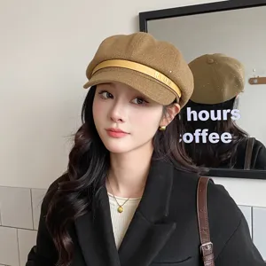 Brown wool newsboy cap for women autumn winter stylish octagonal hat with letter decor