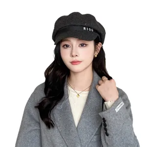 Women's Grey Wool Newsboy Cap Korean Style Chic Beret Hat with RIOG Letter Fashion