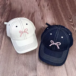 Casquette de baseball en denim lavé style coréen avec jolie broderie de nœud rose, chapeau unisexe