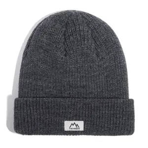 Dark grey winter knitted beanie warm thick cuff hat stylish cozy casual outdoor headwear.