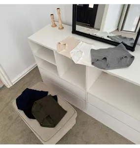 Detail shot of seamless ribbed women briefs displayed on white cabinet and stool.