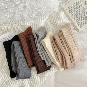 Detailed view of cozy autumn winter cable knit mid-calf socks in warm brown and neutral tones.