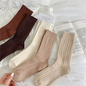 Autumn winter thick thermal cable knit mid-calf socks women cozy Maillard style hosiery.