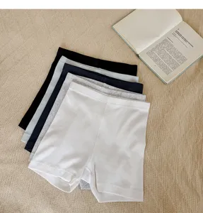 Detailed close-up view of ribbed safety shorts stacked neatly in multi-colors with book prop.