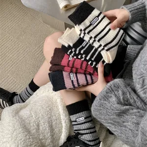Women Winter Thickened Warm Mid Tube Socks Striped Faux Wool Jacquard Embroidery Stacking Socks Casual Fashion Hosiery