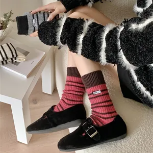 Cozy autumn winter striped wool-blend mid-tube socks with cute embroidery detail for women.
