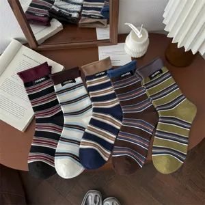 Women Vintage Striped Slouch Socks Cotton Casual Crew Socks Rolled Cuff Letter Label Fall Winter Fashion Hosiery