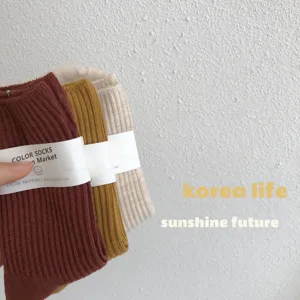 Detail view of simple solid color ribbed mid-tube cotton socks in warm autumn Maillard tones.