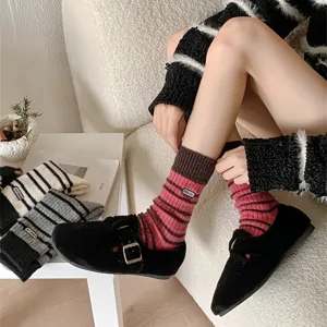 Women's autumn winter thick warm striped wool blend crew socks vintage footwear style