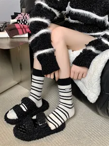Black white striped mid-tube women socks, thickened warm fuzzy design with embroidery.