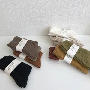 Autumn winter solid color ribbed mid tube cotton socks women simple style basic design