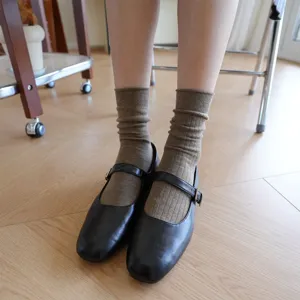 Women's brown ribbed mid-calf cotton socks, Japanese style casual autumn winter stacked socks.