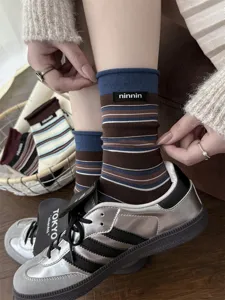 Women vintage striped mid-tube socks autumn winter cotton stacked socks with label.