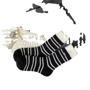 Cozy black and white striped wool-feel mid-calf warm socks for women autumn winter daily wear