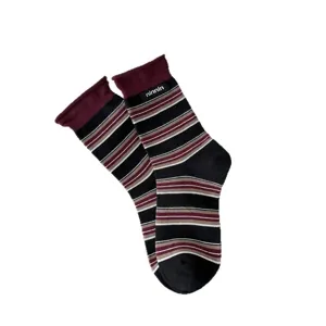 Retro striped cotton mid-tube women socks with rolled cuffs and brand label for autumn winter.