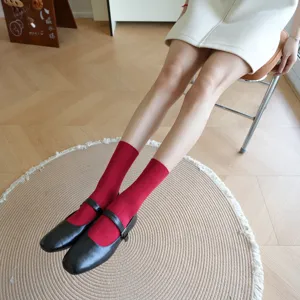 Comfortable Japanese style mid-calf vertical striped cotton socks for women daily wear.