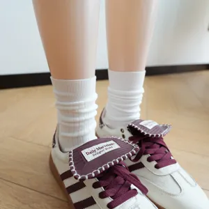 Japanese style white mid tube stacked socks for women, vintage ribbed cotton socks for autumn winter.