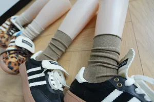 Brown cotton mid-calf stacking socks for women, Japanese style ribbed knit winter socks.
