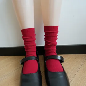 Red ribbed cotton mid-calf slouchy socks, Japanese style women socks, comfortable detail view.