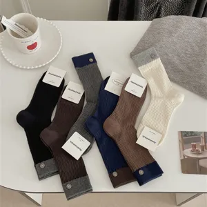 Γυναικείες Casual Βαμβακερές Κάλτσες Slouch Με Κουμπί Χρωματιστή Μανσέτα Πλεκτή Ριμπ Μεσαίου Ύψους Κάλτσες