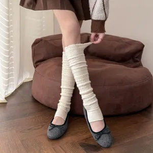 Knitted wool leg warmers for women, cozy winter ribbed footless long socks with diamond pattern.