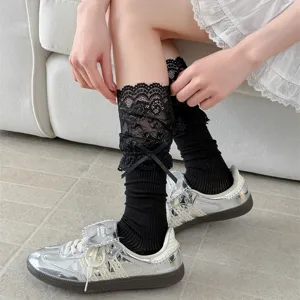 Women sweet Lolita black lace ruffle slouch socks, breathable thin long fashion hosiery.