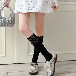 Detailed view of women sweet Lolita lace ruffle long tube slouch socks, spring summer thin black.