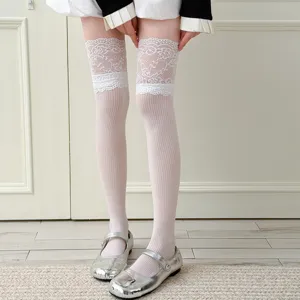 Women's white over-the-knee stockings sweet lace trim breathable cotton spring summer hosiery