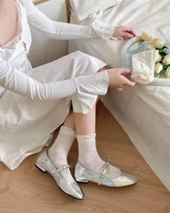 Calcetines de media caña para mujer de estilo japonés con bonito lazo y borde de encaje.