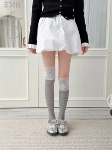 Sweet Lolita women knee high socks with delicate white lace trim grey cotton knit hosiery