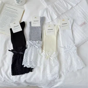 Sweet Lolita lace long socks with bow trim, breathable thin spring summer daily wear socks.