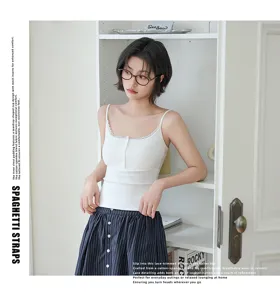 Women ribbed lace camisole with chest pad, stylish button front summer bust support top.